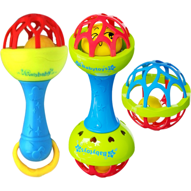 Soft Glue Dumbbell and Ball Baby Set Hand Teether With jhunjhuni - 3 pcs image