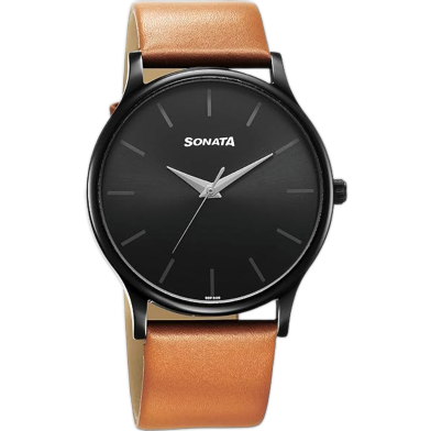 Sonata Aspire Quartz Analog Black Dial Tan Leather Strap Watch For Men image