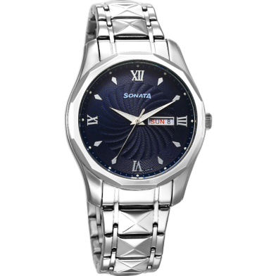 Sonata Blue Round Dial Silver Strap Watch For Gents image