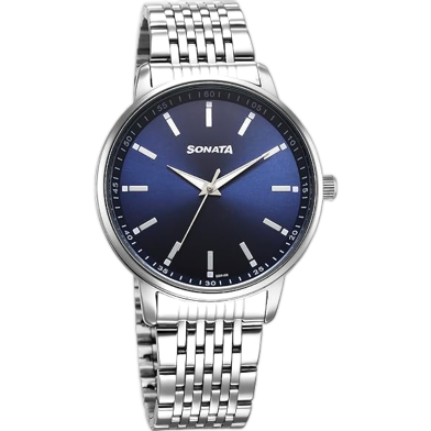 Sonata Blue Round Dial Silver Strap Watch For Gents image