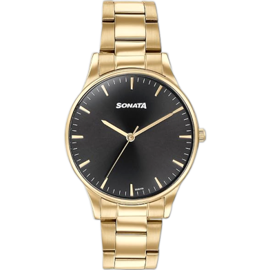 Sonata Quartz Analog Black Dial Golden Stainless Steel Strap Watch For Men image