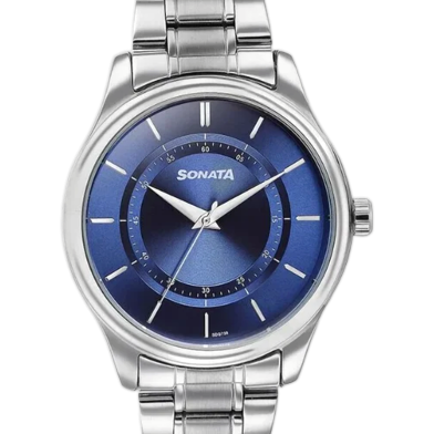 Sonata Quartz Analog Blue Round Dial Silver Stainless Steel Strap Watch For Men image