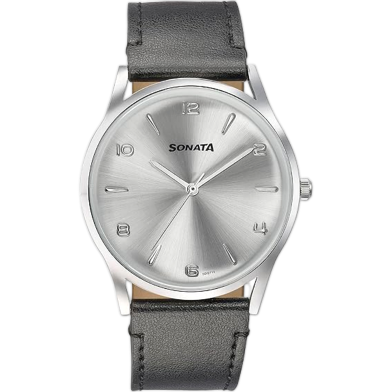Sonata Quartz Analog Silver Dial Black Leather Strap Watch For Men image
