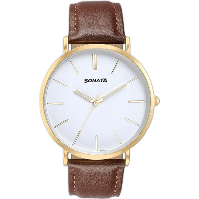 Sonata Quartz Analog White Dial Brown Leather Strap Watch For Men image