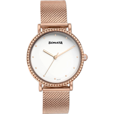 Sonata Quartz Analog White Dial Rose Gold Stainless Steel Strap Watch For Women image
