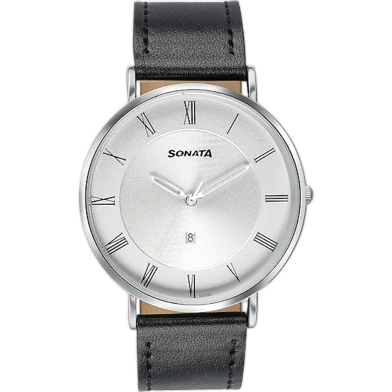 Sonata Quartz Analog With Date Silver Dial Black Leather Strap Watch For Men image