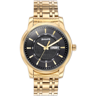 Sonata Quartz Analog With Day And Date Black Dial Golden Stainless Steel Strap Watch For Men image