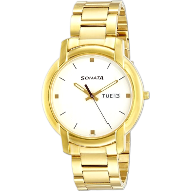 Sonata Quartz Analog With Day And Date White Dial Stainless Steel Strap Watch For Men image