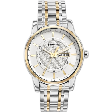 Sonata Quartz Analog With Day And Date White Dial Two Toned Stainless Steel Strap Watch For Men image