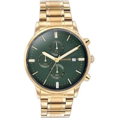 Sonata Quartz Multifunction Green Dial Golden Stainless Steel Strap Watch For Men image