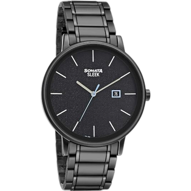 Sonata Sleek Quartz Analog With Date Black Dial Black Stainless Steel Strap Watch For Men image