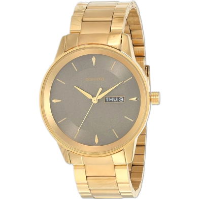 Sonata Utsav Quartz Analog With Day And Date Grey Dial Gold Stainless Steel Strap Watch For Men image