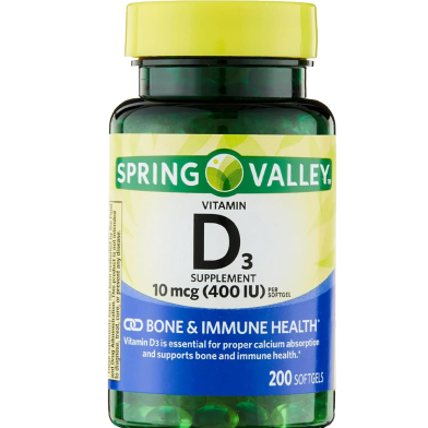 Spring Valley Vitamin D3 Supplement 10 mcg (400 IU) 200 Softgels image