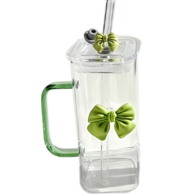 Square Mug With Lids and Straws With Bow Water Cup Household Cup Female Milk Coffee Cups With Green Handle Gift 350 ml image