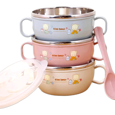 Stainless Steel Baby Bowl Set – Insulated, Cartoon Design, Lid and Spoon image