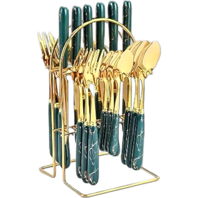 Stainless Steel Gold-Plated Marble Handles Tea Spoon and Fork Spoon Set with Stand Full set 24 pc image