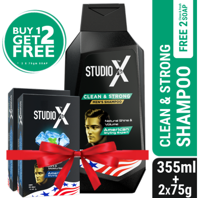 Studio X Clean And Strong Shampoo For Men 355ml (75gm X 2 Soap Free) image