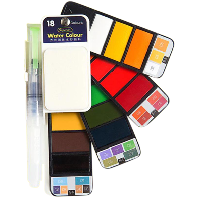 Superior Solid Water colour Cake pigmented 18 Color Set With Water Brush Pen Foldable Travel Watercolor Painting image