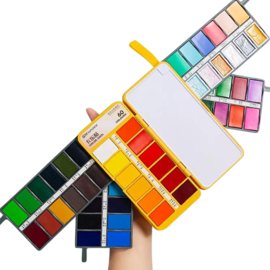 Superior Water Colour Cake paints 60 Foldable solid and Pigmented colors with brush for professional image