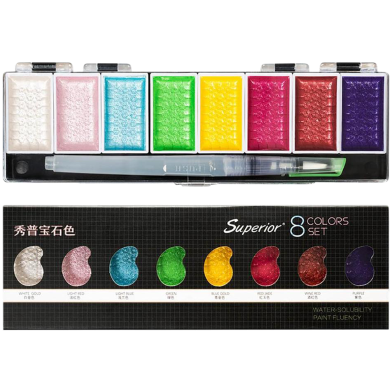 Superior Water colour Cake Paint 8 Metallic, Pearl and Pigmented Color Box With 1pc Water brush Pen for Professional image