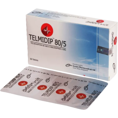 Telmidip 5 mg, 80 mg Tablet 10's Strip image