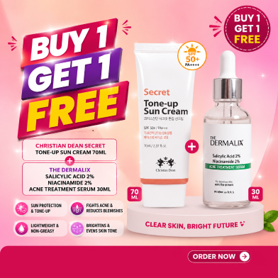 The Dermalix Salicylic Acid 2 Percent Plus Niacinamide 2 Percent Acne Treatment Serum 30ml With Christian Dean Secret Tone Up Sun Cream Spf50 Plus Pa Plus Plus Plus 70ml (Buy 1 Get 1 FREE) image