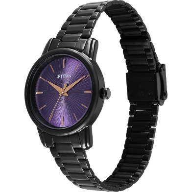 Titan Karishma Quartz Analog Purple Dial Black Stainless Steel Strap Watch For Women - 2760NM01 image