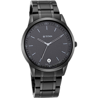 Titan Minimalist Quartz Analog With Date Black Dial Black Metal Strap Watch For Men image