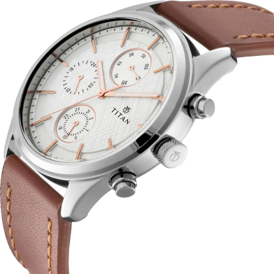 Titan Quartz Multifunction Silver Dial Leather Strap Watch for Men - 1805SL01 image