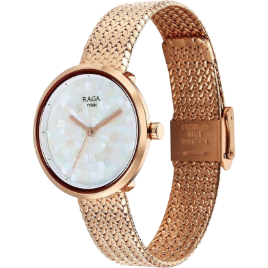 Titan Raga Memoirs Quartz Analog Watch for Women – Mother of Pearl Dial with Rose Gold Metal Strap (Model: 95253WM02) image