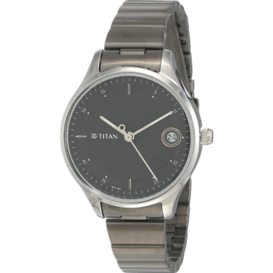 Titan Workwear Quartz Analog With Date Black Dial Grey Stainless Steel Strap Watch For Women image
