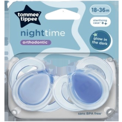 Tommee Tippee Nighttime Soother, 18-36 Months, 2 Pack of Glow in The Dark Soothers with Reusable Steriliser Pod, Assorted Colours image