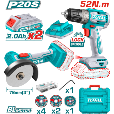 Total TCKLI20278 Li-ion Cordless (Drill Plus Mini AG) 2 Pcs Combo Kit 2.0Ah Batteries 2x (20V) image