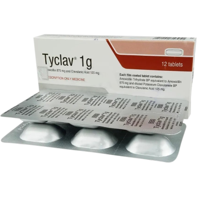 Tyclav 875 mg, 125 mg Tablet 6's Strip image