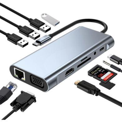 USB C HUB, USB C Adapter 11 in 4K HDMI, VGA, Type C PD, RJ45 Ethernet, SD/TF Card Reader, 3.5mm image