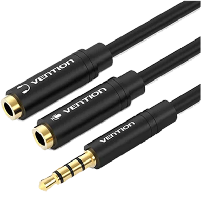 VENTION BBVBY 4 Pole 3.5mm Male to 2x3.5mm Female Stereo Splitter Cable 0.3M Black Metal Type image