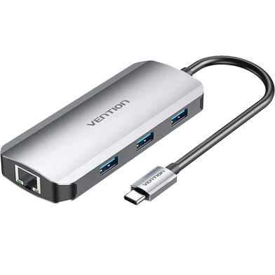 VENTION TOHHB USB-C To HDMI/USB 3.0x3/RJ45/PD Docking Station 0.15M Gray Aluminum Alloy Type image