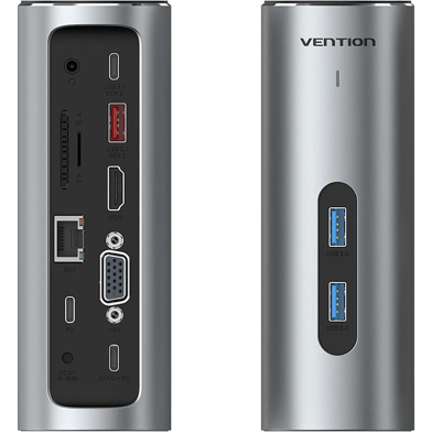 VENTION TPJH0-EU USB-C To HDMI/VGA/USB 3.1 Gen 2/USB 3.1 Gen 2-C/USB 3.0x2/RJ45/SD/TF/TRRS 3.5mm/PD/DC Docking Station Gray Vertical Aluminum Alloy Type EU Standard image