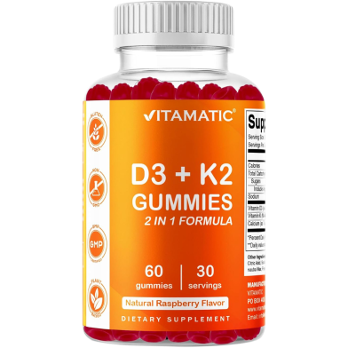 VITAMATIC Vitamin D3 And K2 Gummies 60 Count For Bone Heart And Immune Health Calcium Absorption Plant Based image