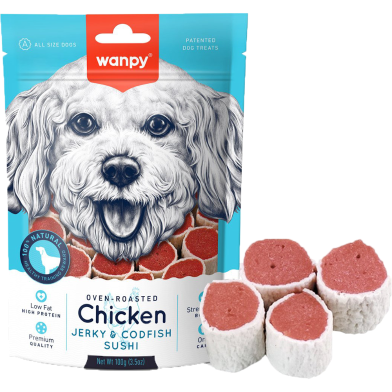 Wanpy Oven-Roasted Dog Treat Chicken Jerky and Codfish Sushi 100 gm image