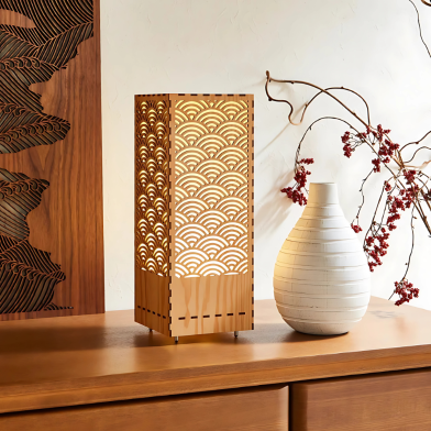 Warm Glow Wood Table Lamp | Laser-Cut Modern Design | Elegant Wooden Light for Bedroom and Living Room | Japanese Minimalist Home Decor by Ednfy (SL-102) image