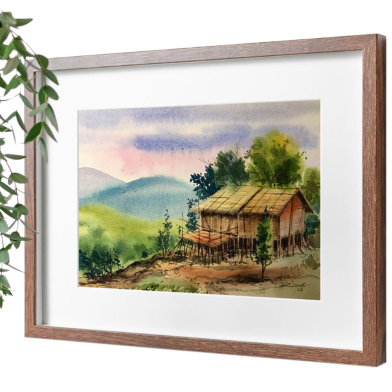 Mahmudur Rahman Rial Watercolor Landscape Painting includes Hut on Upland - (18x15) Inches image