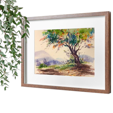 Mahmudur Rahman Rial Watercolor Landscape of Krishnachura - (16x13)inches image