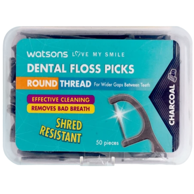 Watsons Round Thread Charcol Dental Floss Picks - 50 Pcs Box image