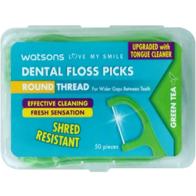 Watsons Round Thread GreenTea Dental Floss Picks - 50 Pcs Box image
