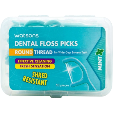 Watsons Round Thread Mint Dental Floss Picks - 50 Pcs Box image