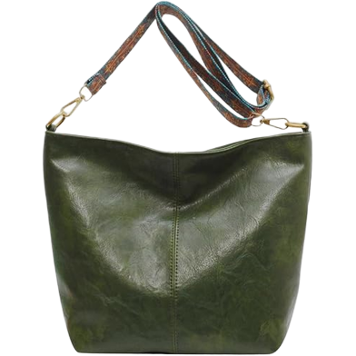 Women's Textured Leather Shoulder Bag with Patterned Strap - Green image