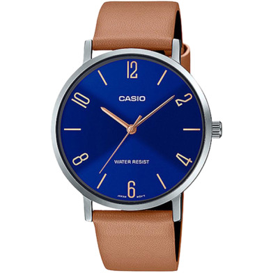  CASIO Men's Blue Dial Brown Leather Band Analog Men's Watch image