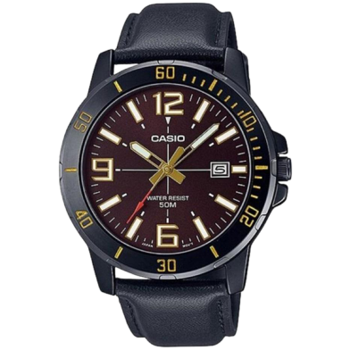  Casio Watch Men's Analog Brown Dial Leather Band image