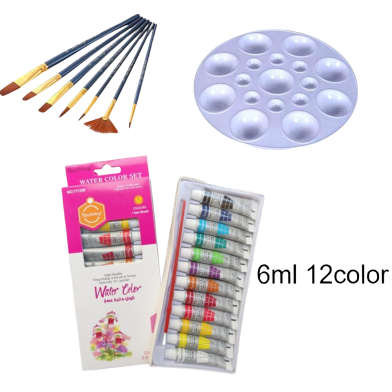  Combo Mix Brush 7 Pcs, Round Palette 1 Pcs and 6ml Water Color Set 12 color image